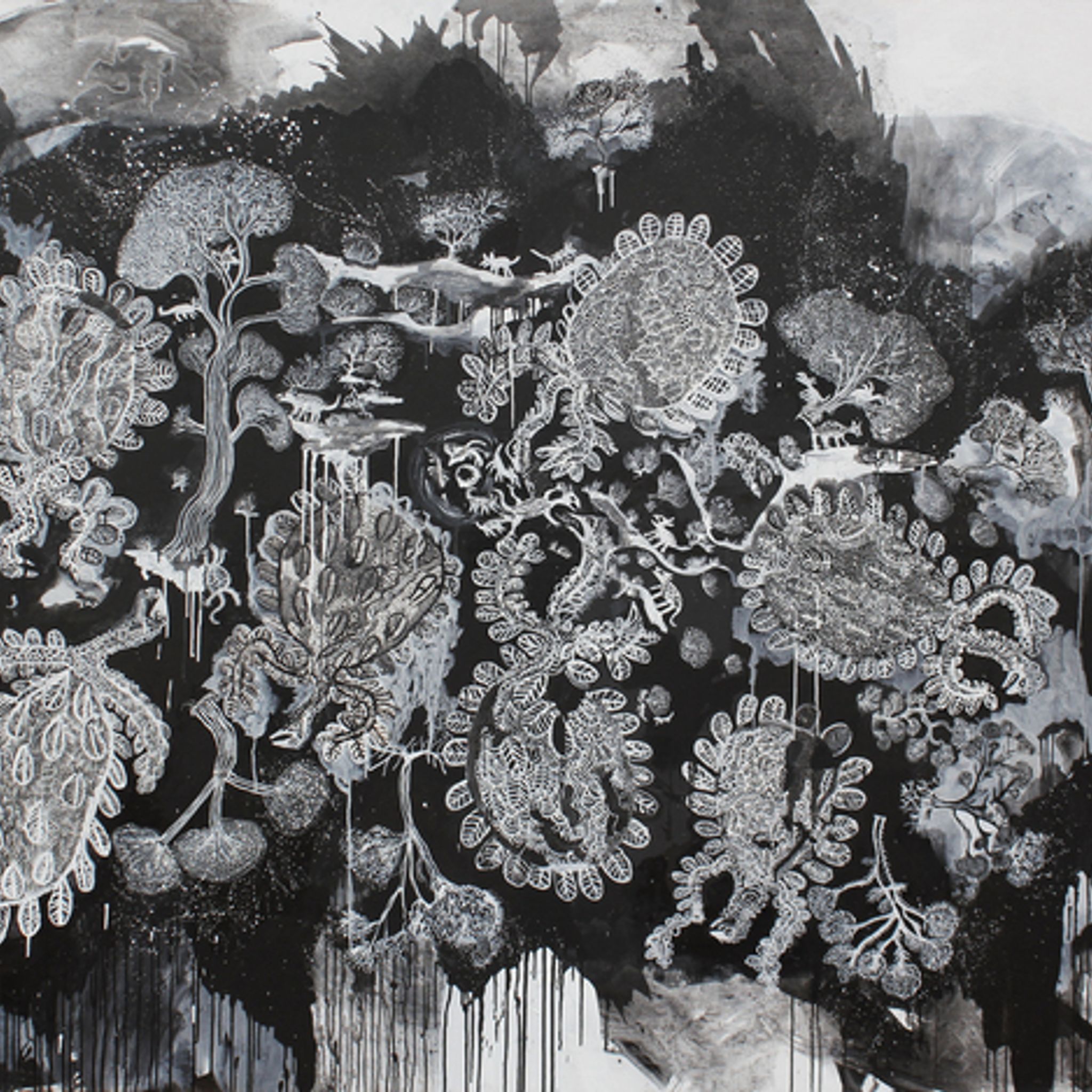 A monochrome painting of flowers and plants by Iluwanti Ken
