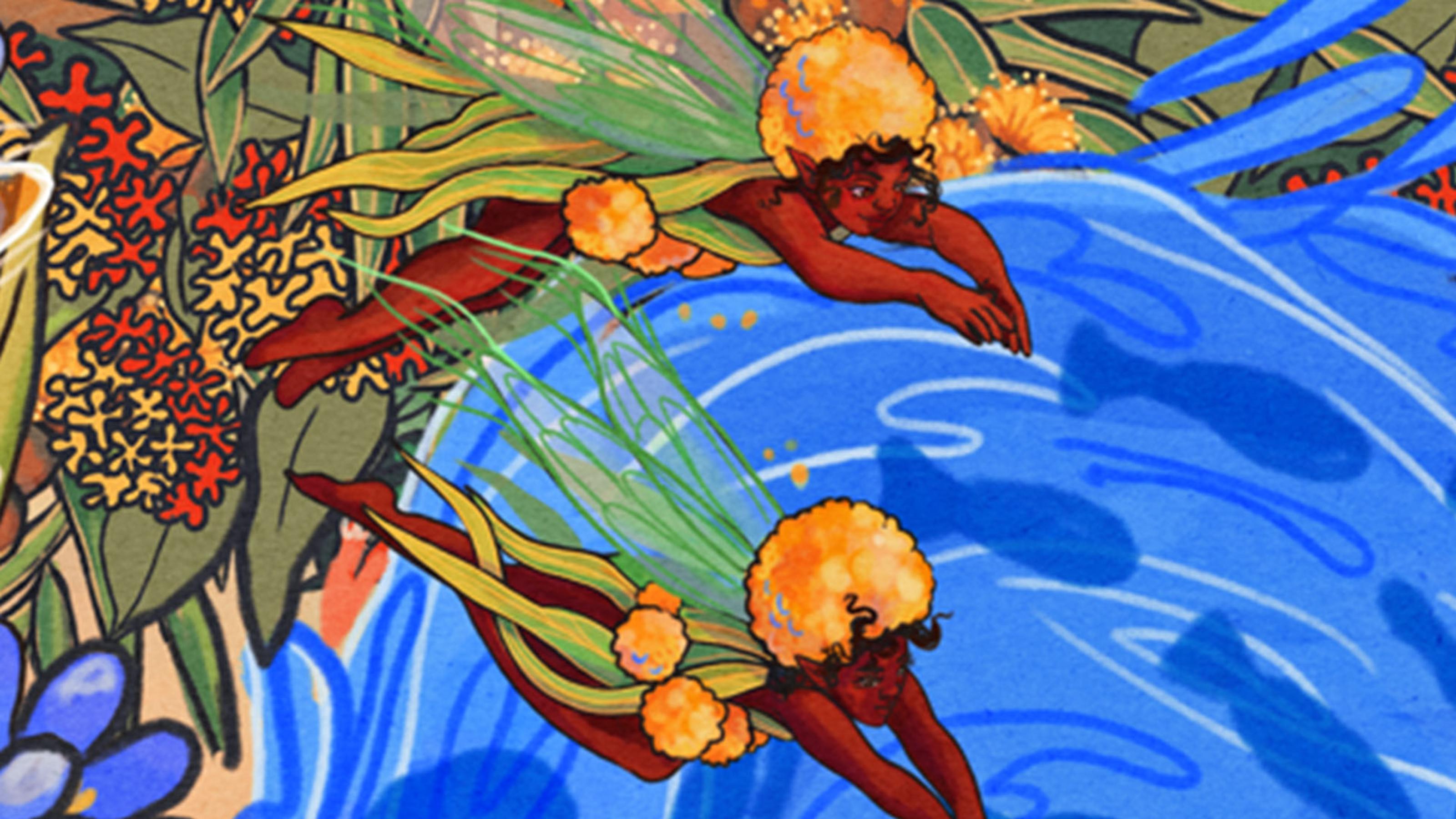 Illustrated scene of two fairies diving into a pool of vivid blue water, surrounded by foliage.