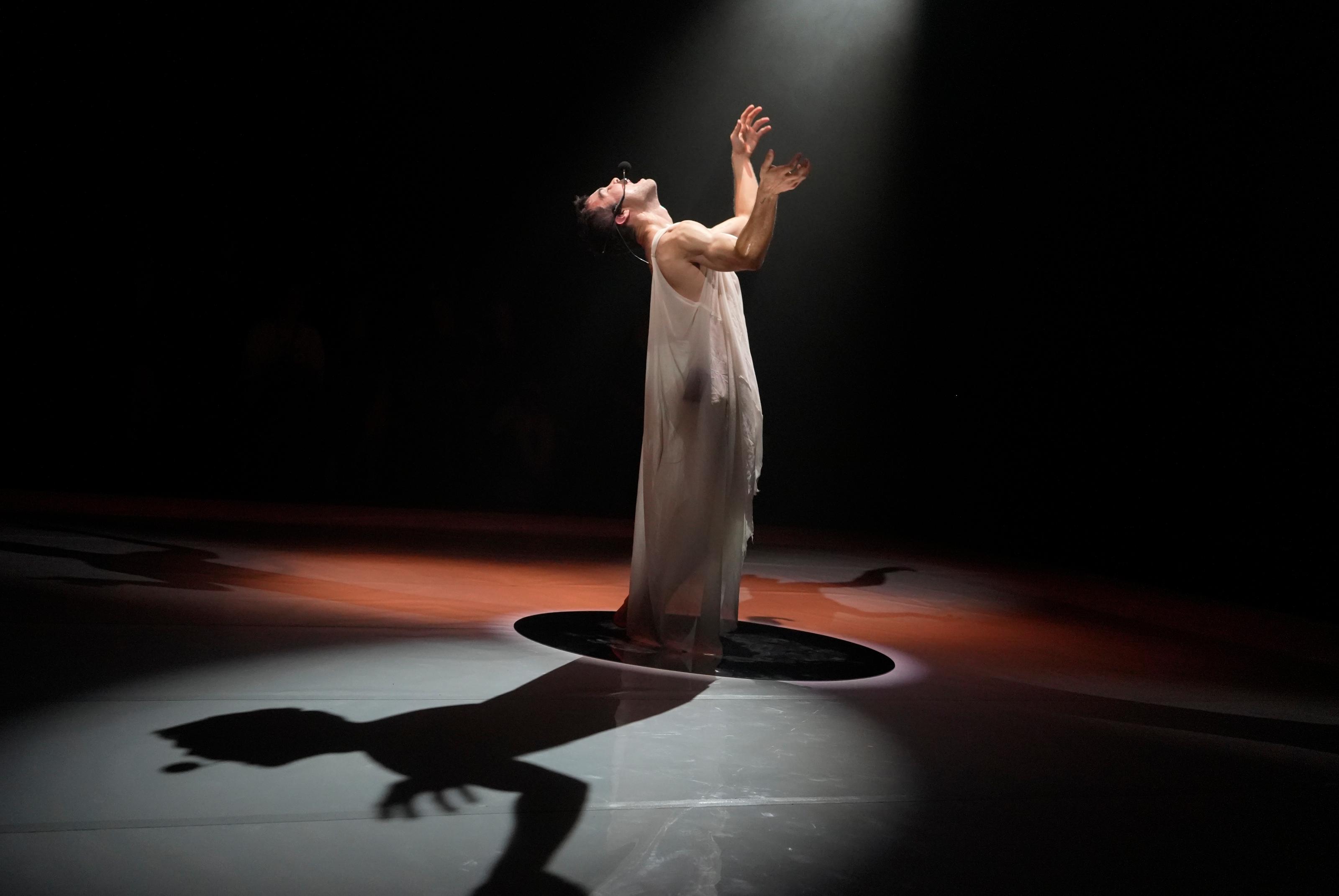 A performer wearing a flowy outfit posing dramatically on a dimly lit stage with a spotlight on them casting a shadow on the foreground.