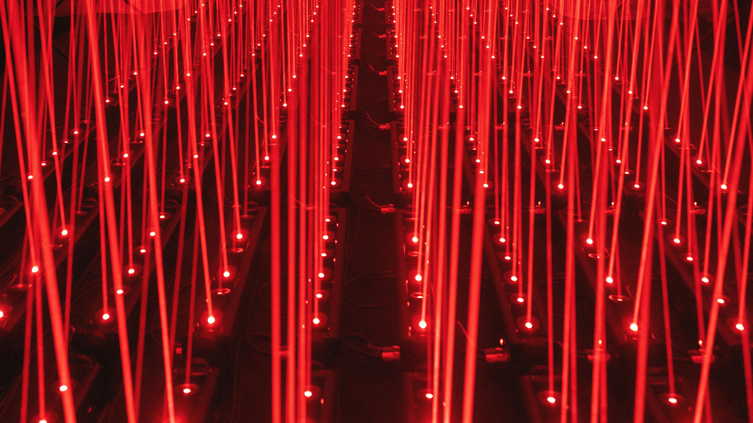 Rows of lasers shoot out of the floor