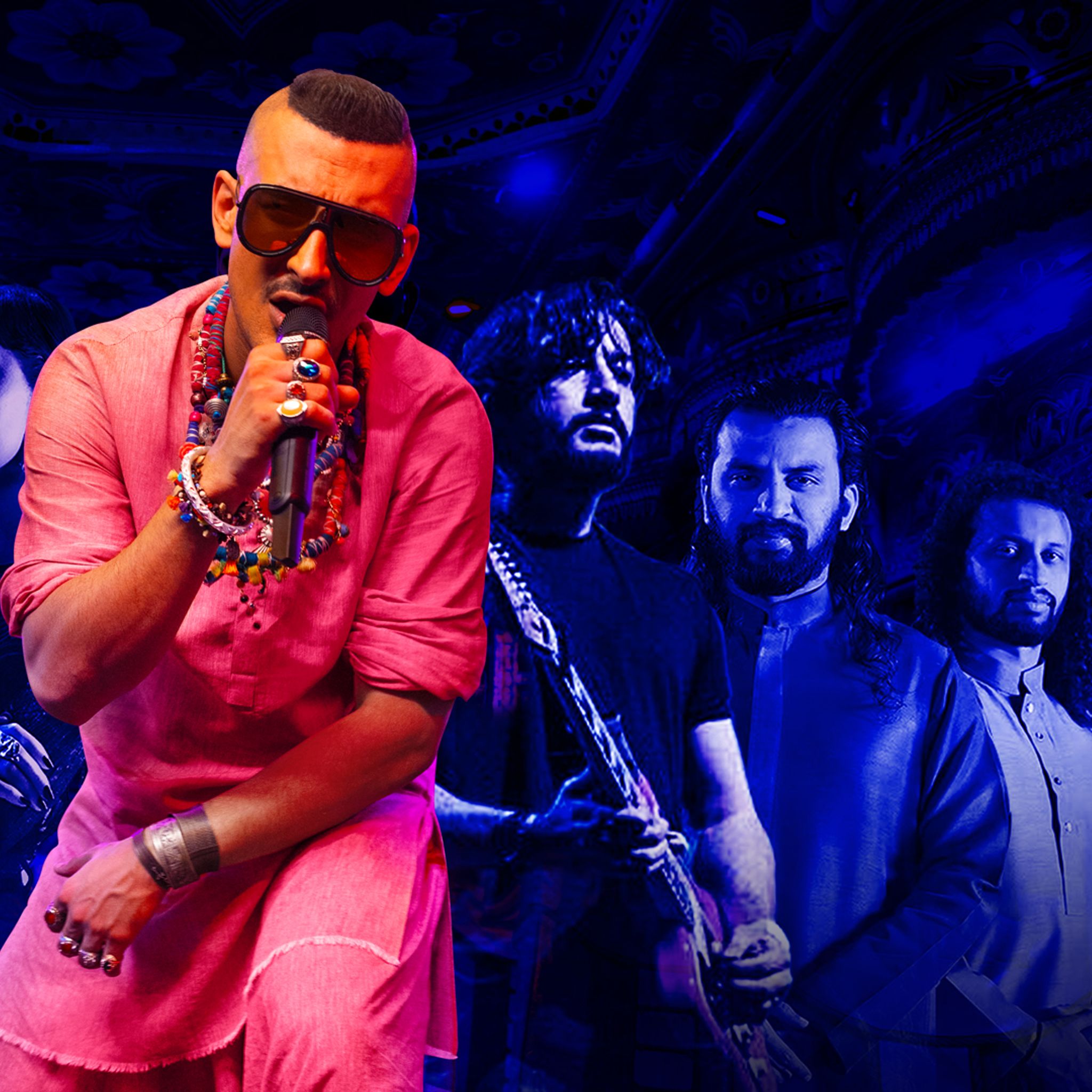 A singer dressed in pink, surrounded by five musicians lit by dim blue light.