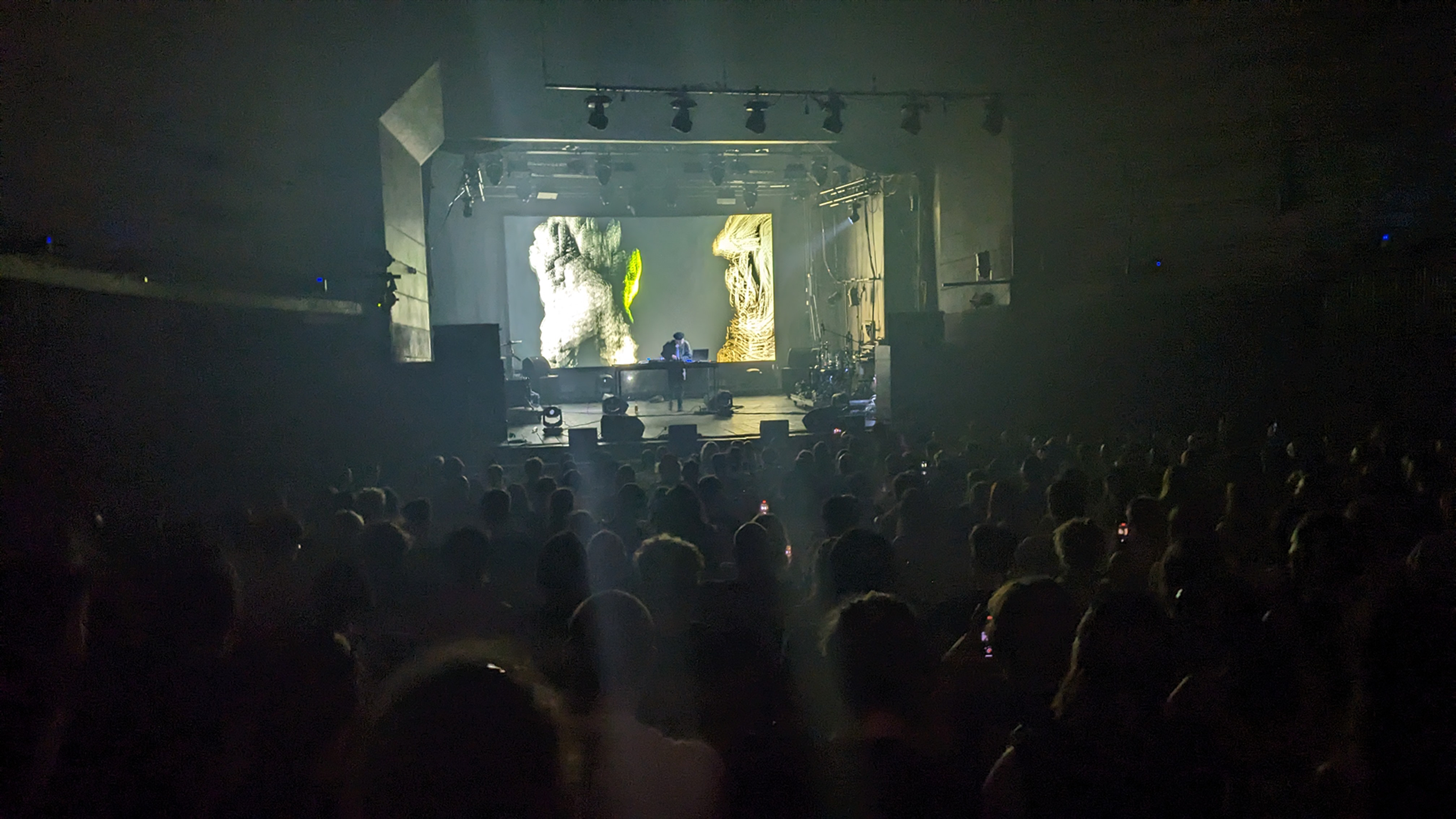A crowd watches Forest Swords perform on stage in a dimly lit concert, illuminated by a large visual projection.